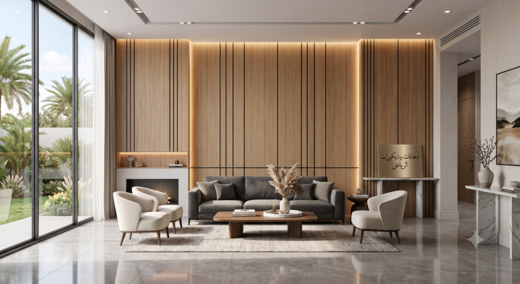 تصميم جدار ديكوري فاخر من بديل الخشب WPC باللون البني الفاتح والأخدود السوداء مع إضاءة LED دافئة في صالة مودرن بالرياض من تنفيذ دهانات وديكورات الرياض.